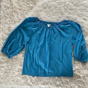 Prologue Balloon Sleeve Gathered Neckline Blouse in Light Blue, size M